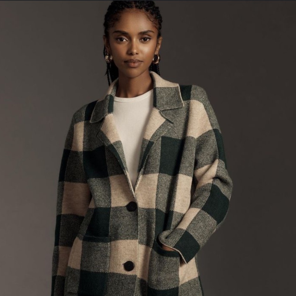 Anthropologie John + Jenn Plaid sweater Long Coat in Green and Cream size small